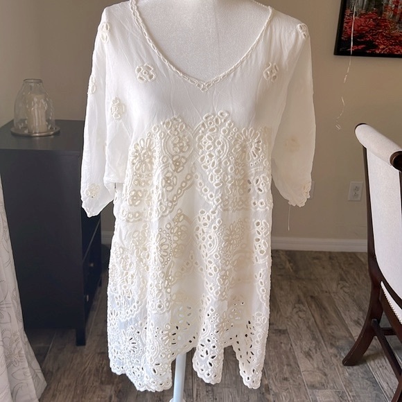 Johnny Was Cream Through Eyelets Scalloped Tunic Dress - Picture 3 of 10